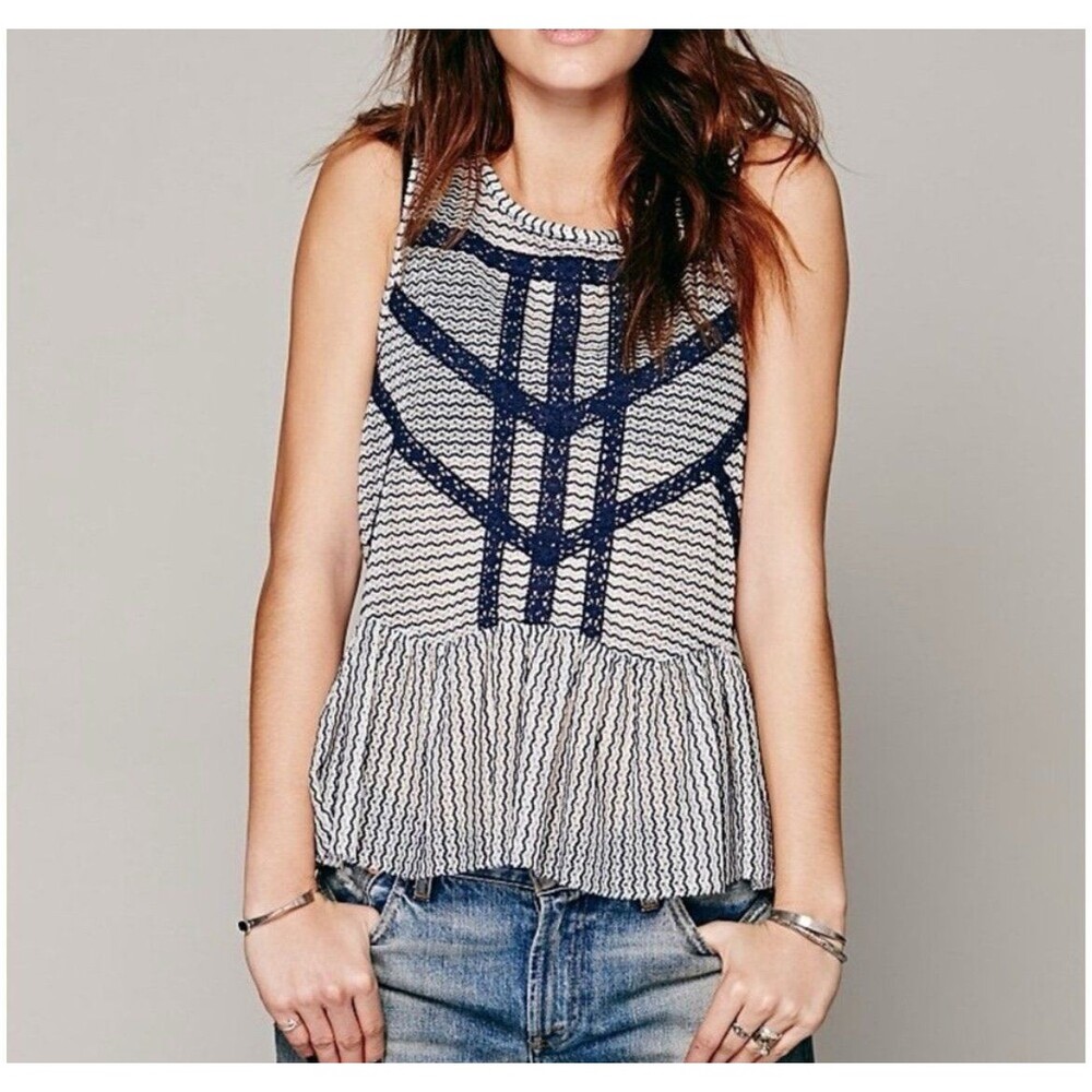 Free People Peplum Tank Top, Size Medium Blue Lace Crochet Striped Cutout